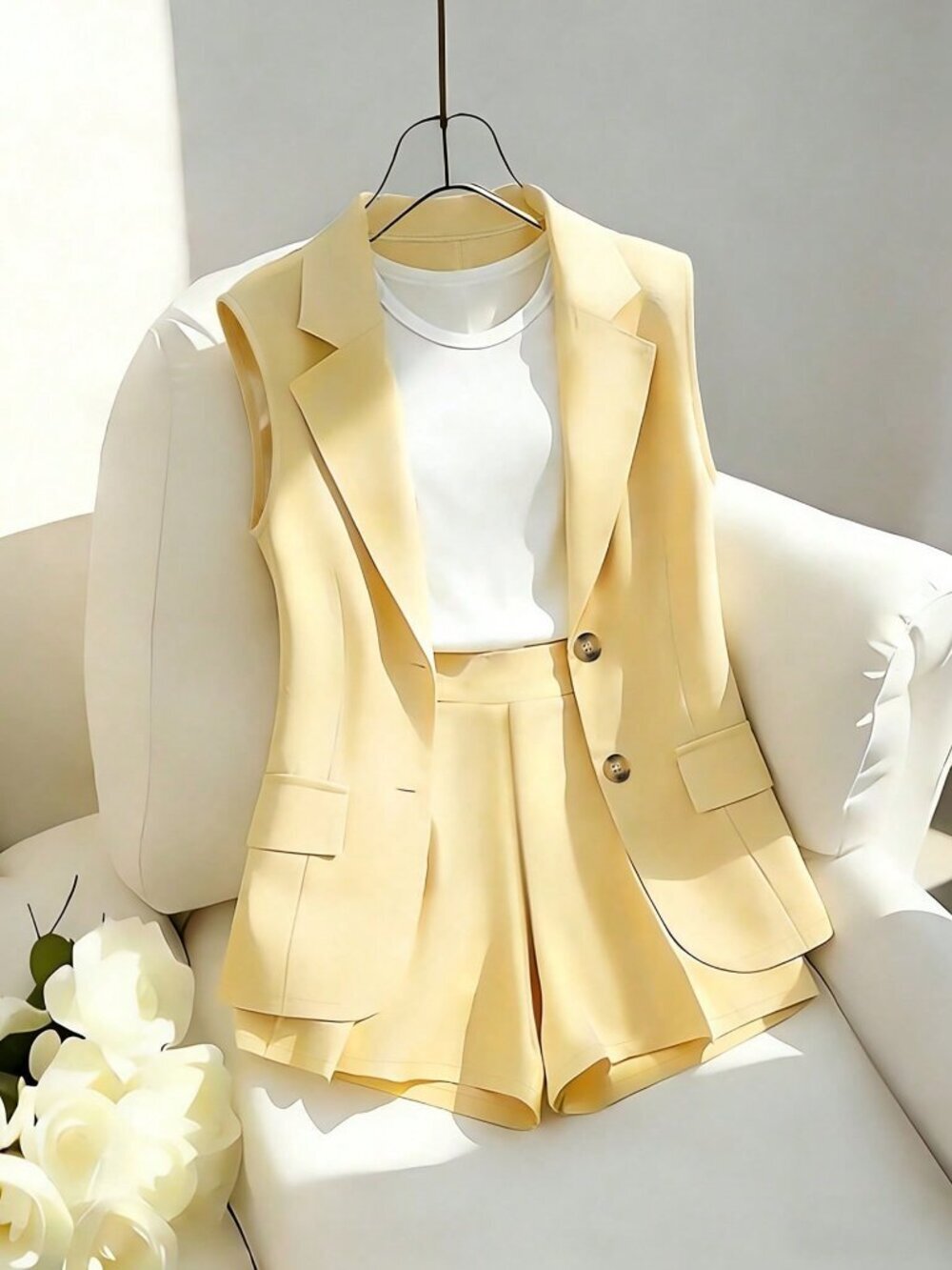 Yellow Elegant Women's Business Shorts And Sleeveless Blazer Two Pieces Se
